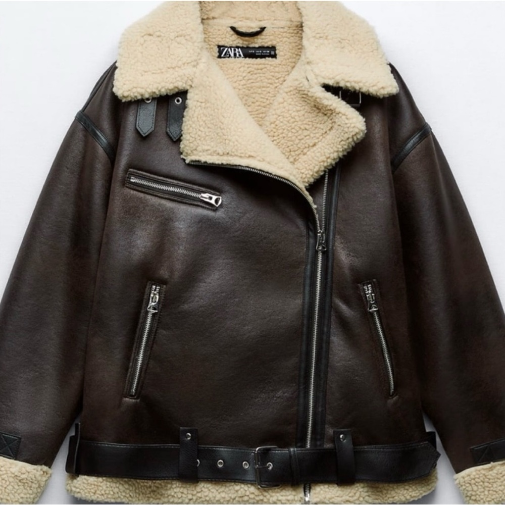 ZARA Faux Leather Fleece Lined Belted Oversized Jacket in Brown Size S